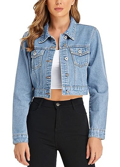 Women’s Cropped Jean Denim Jacket Button Down Long Sleeve with Pockets