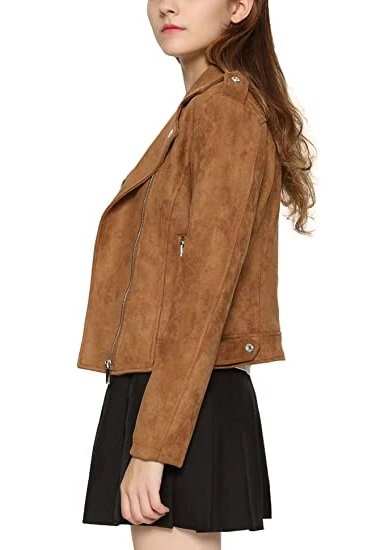 Women's Stylish Notched Collar Oblique Zip Suede Leather Moto Jacket