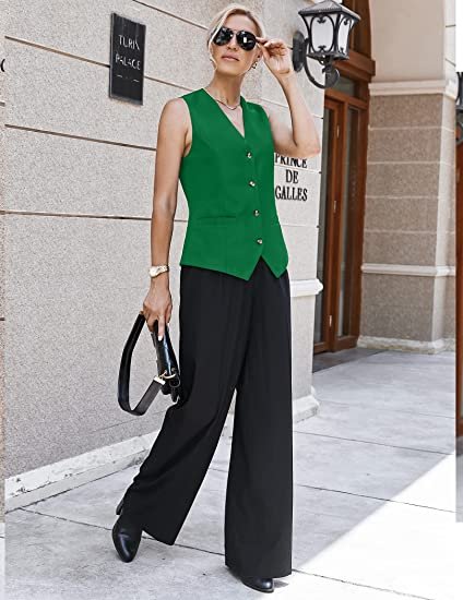 Womens Casual Suit Vest Fully Lined 4 Button V-Neck Vests Waistcoat with Pockets