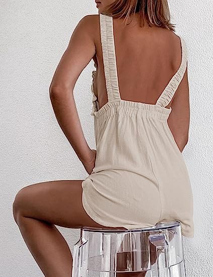 Short Overalls for Women Cotton Sleeveless Straps Ruffle Bib Jumpsuits Rompers with Pockets