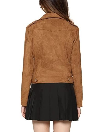 Women's Stylish Notched Collar Oblique Zip Suede Leather Moto Jacket