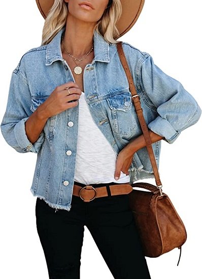 Women's denim jacket with brushed and washed buttons, short style with pockets