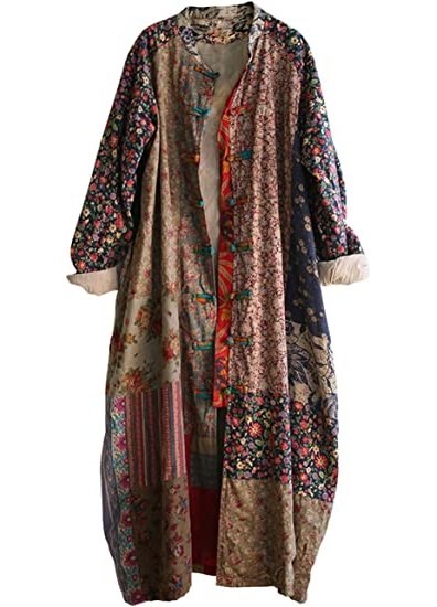 Women's Trench Coat Floral Print Jacket Chinese Style Patchwork Outwear