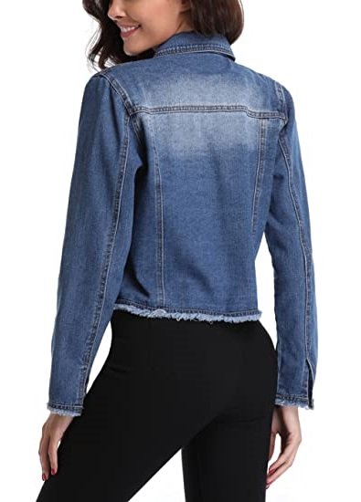 Women’s Frayed Washed Button Up Cropped Denim Jacket